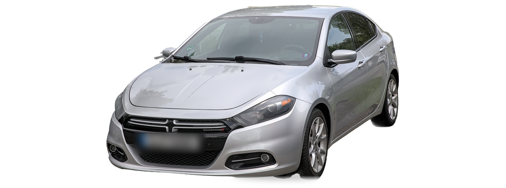Dodge Dart plateado (generación 2013-2016), sedán, vista frontal de tres cuartos, con las ubicaciones del VIN marcadas