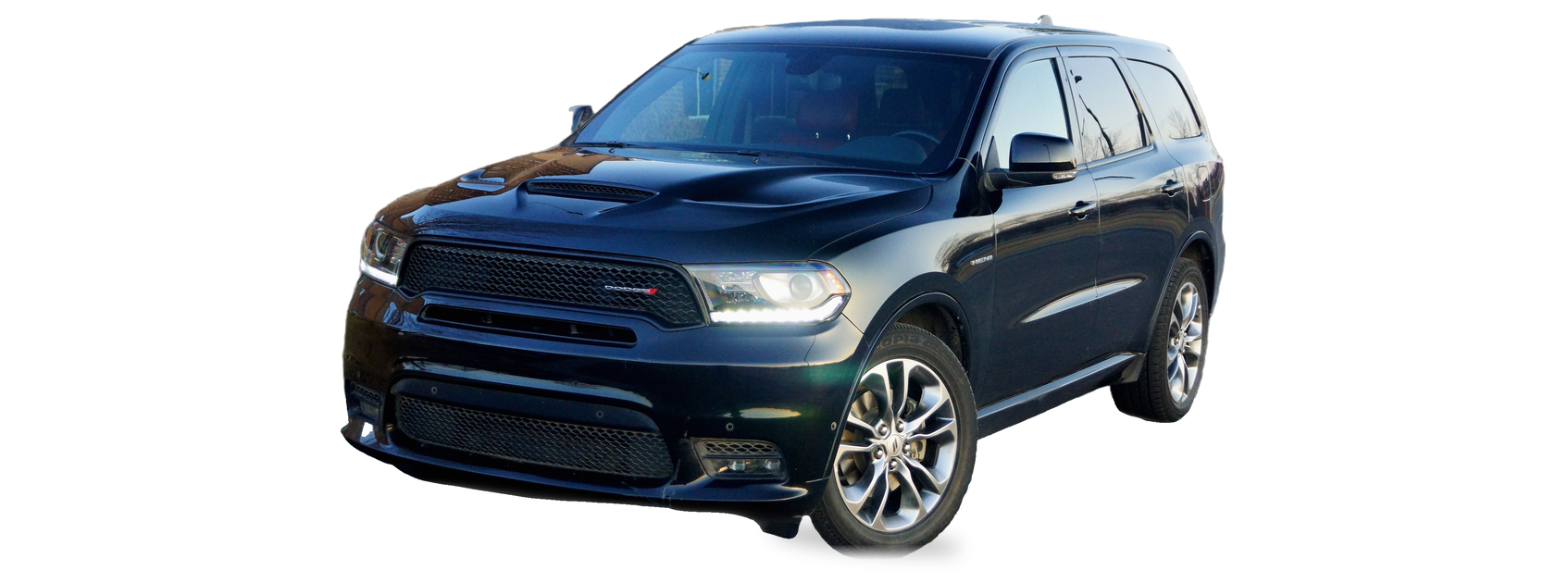 Dark blue Dodge Durango (third generation) SUV, front three-quarter view, with the VIN locations marked