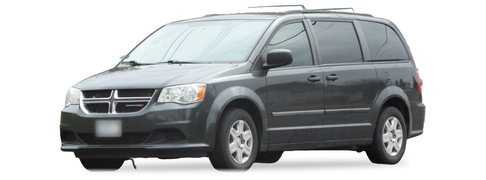 Dodge Grand Caravan gris oscuro (quinta generación), minivan, vista frontal de tres cuartos, con las ubicaciones del VIN marcadas
