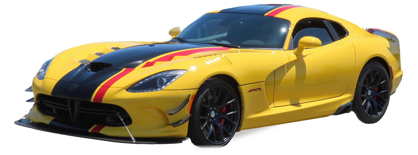 Yellow Dodge Viper (fifth generation) coupe, front three-quarter view, with the VIN locations marked
