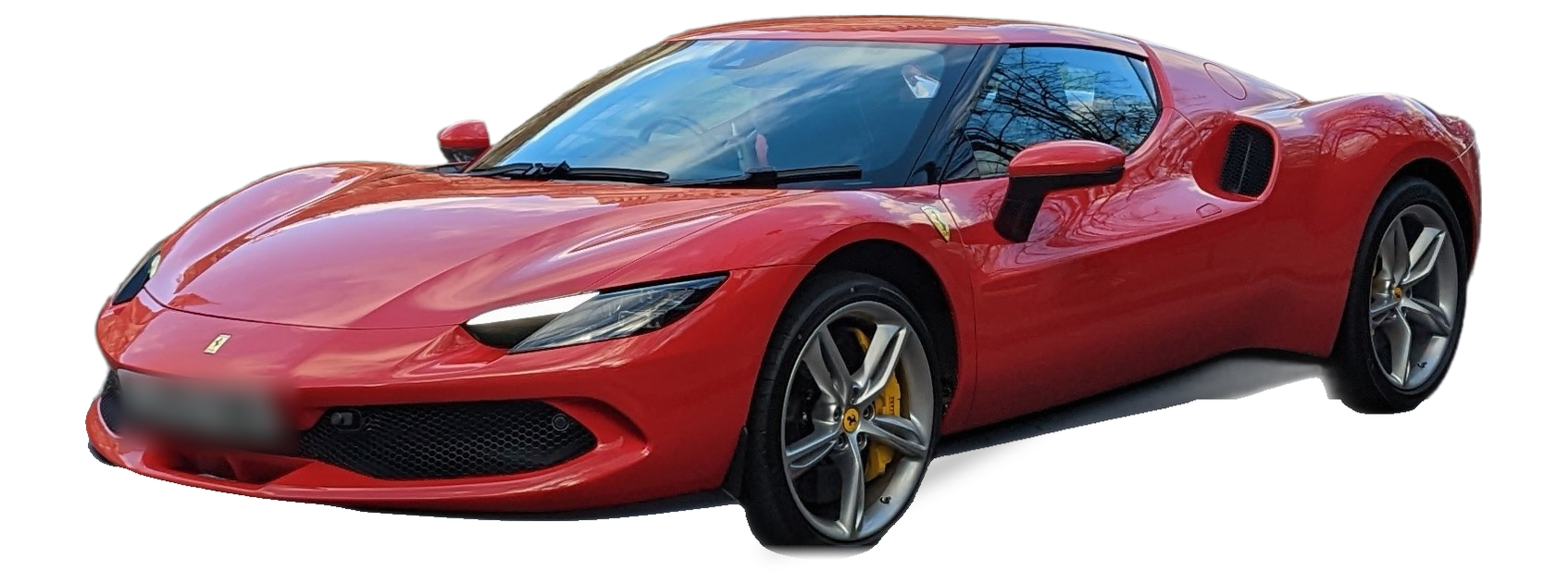 Red Ferrari 296 GTB (2022+ generation) coupe, front three-quarter view, with the VIN locations marked
