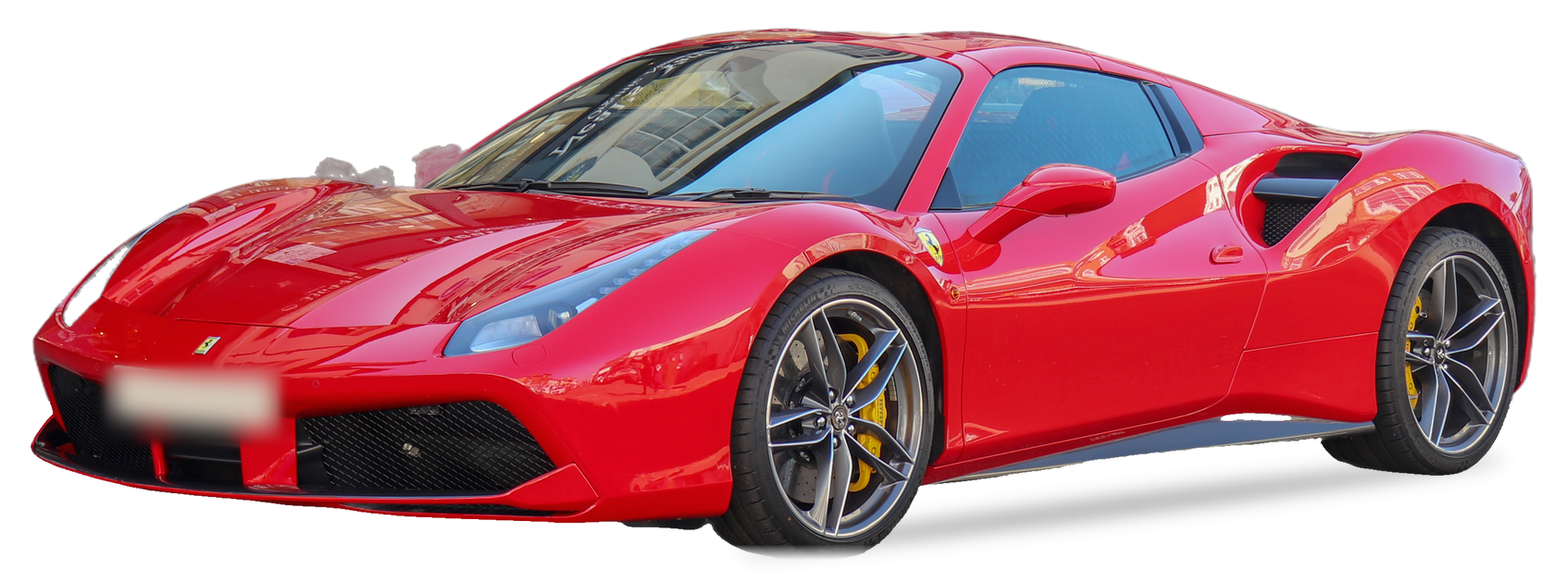 Ferrari 488 rojo (generación 2016-2020), spider (techo cerrado), vista frontal de tres cuartos, con las ubicaciones del VIN marcadas