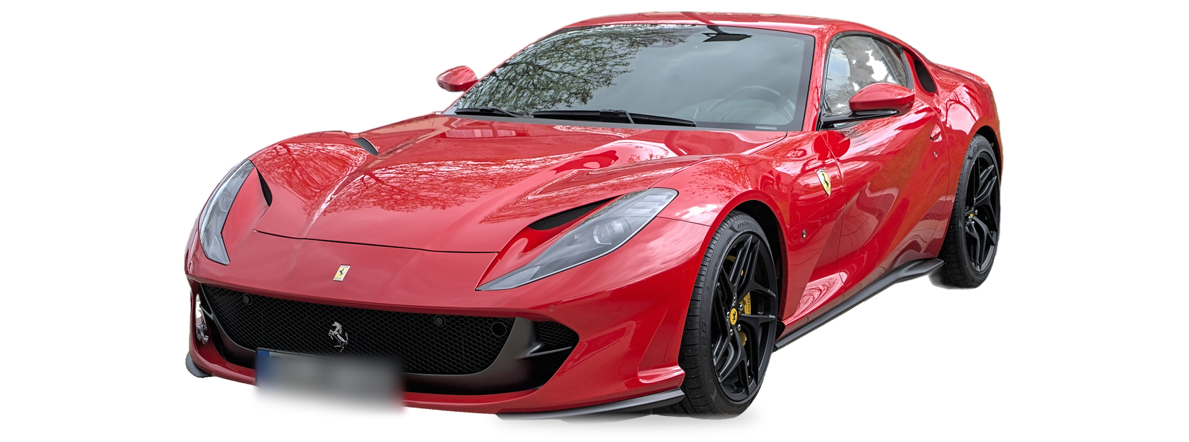 Red Ferrari 812 Superfast (2018-2024 generation) coupe, front three-quarter view, with the VIN locations marked