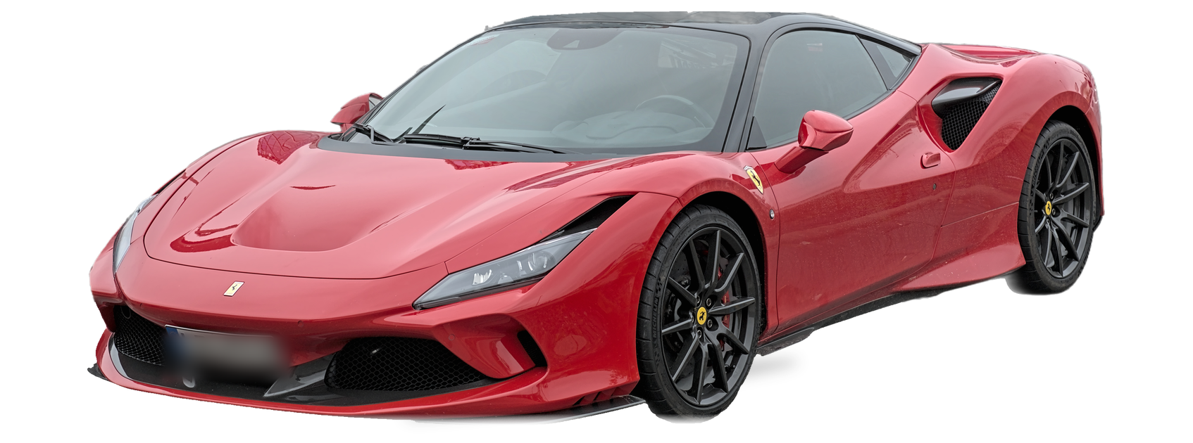 Ferrari F8 Tributo rojo (generación 2020-2023), cupé, vista frontal de tres cuartos, con las ubicaciones del VIN marcadas