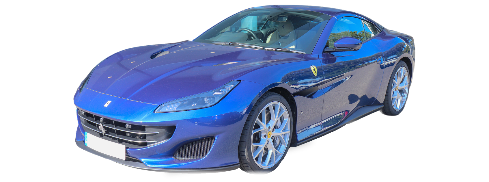 Blue Ferrari Portofino (2018-2023 generation) convertible (roof up), front three-quarter view, with the VIN locations marked