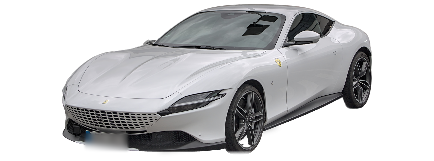 Ferrari Roma plateado (generación 2020+), cupé, vista frontal de tres cuartos, con las ubicaciones del VIN marcadas