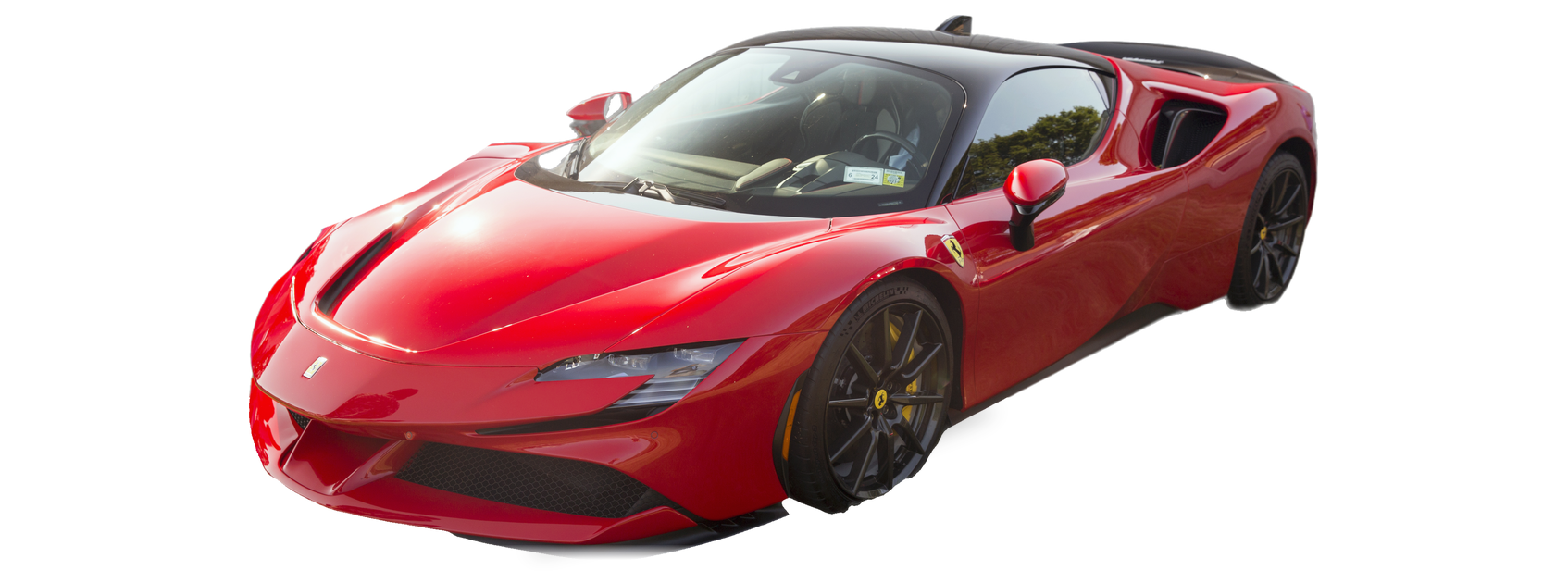 Red Ferrari SF90 Stradale (2020+ generation) coupe, front three-quarter view, with the VIN locations marked