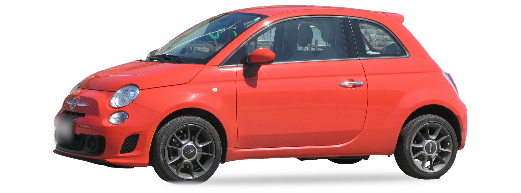 Fiat 500 rojo anaranjado (generación 2012-2019), hatchback, vista frontal de tres cuartos, con las ubicaciones del VIN marcadas