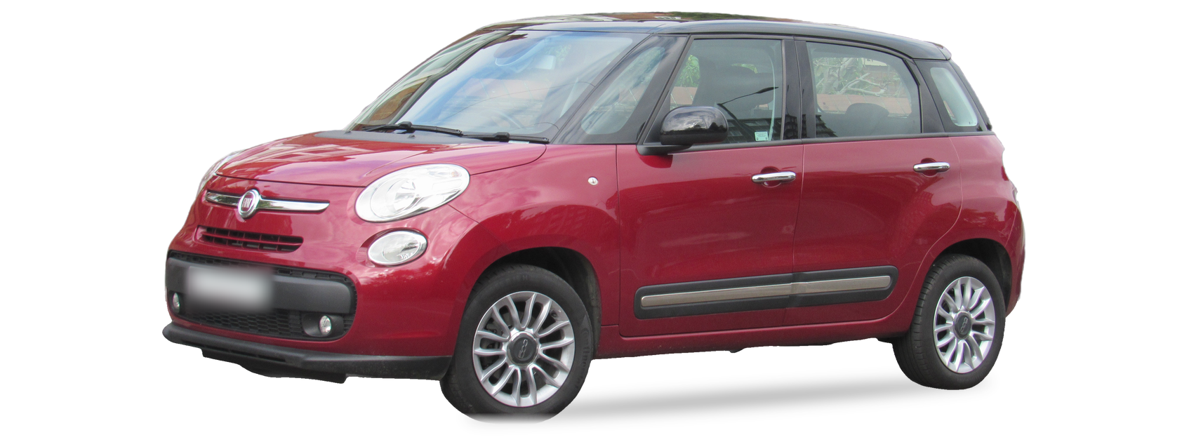 Fiat 500L rojo oscuro (primera generación), hatchback, vista frontal de tres cuartos, con las ubicaciones del VIN marcadas