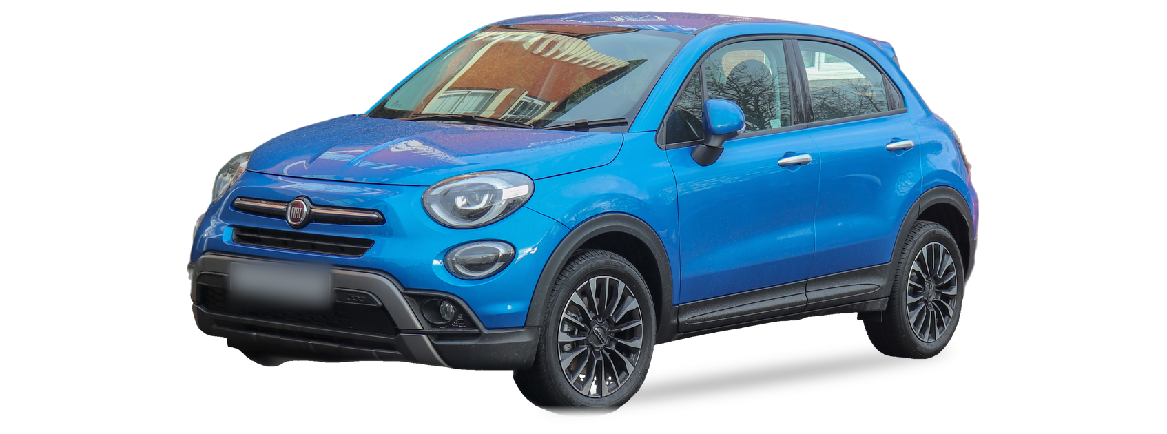 Blue Fiat 500X (first generation) crossover, front three-quarter view, with the VIN locations marked