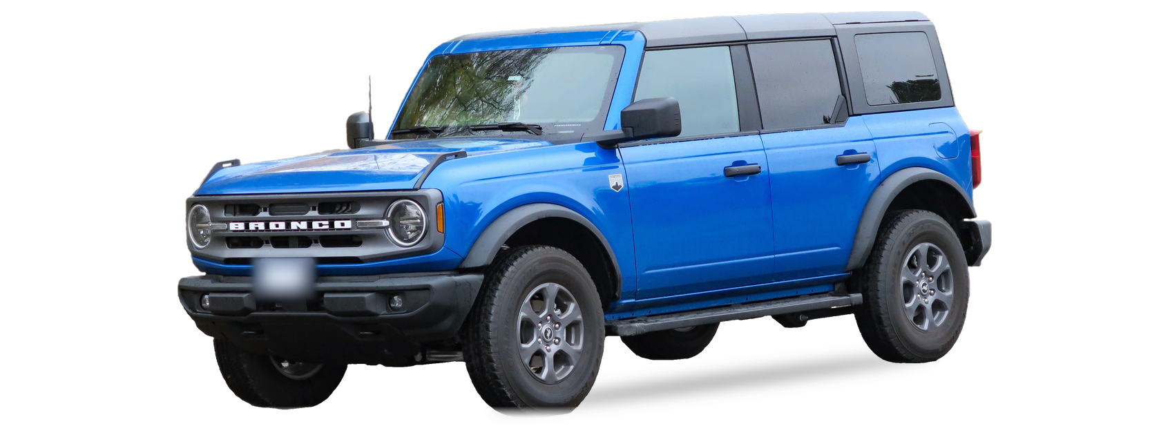 Blue Ford Bronco (sixth generation) 4-door SUV, front three-quarter view, with the VIN locations marked