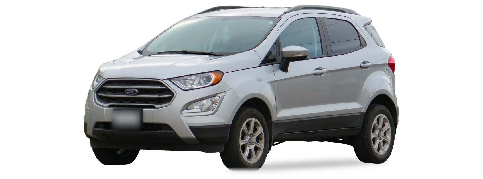 Silver Ford EcoSport (2018-2022 generation) crossover, front three-quarter view, with the VIN locations marked