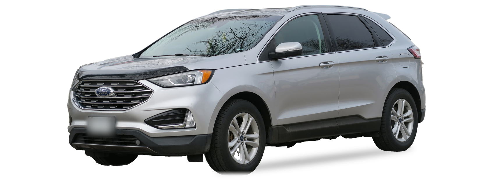Silver Ford Edge (second generation) crossover, front three-quarter view, with the VIN locations marked