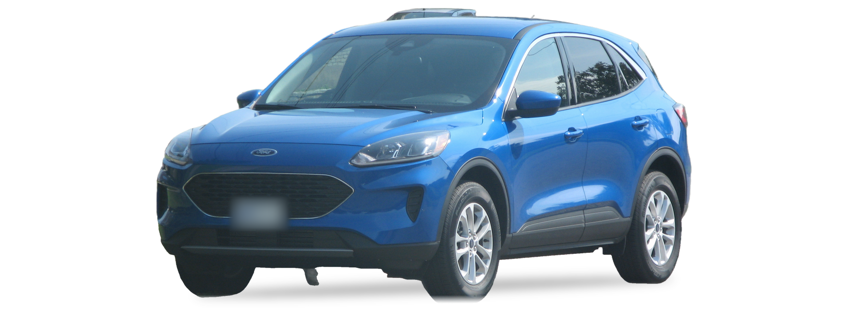 Ford Escape azul (cuarta generación), crossover, vista frontal de tres cuartos, con las ubicaciones del VIN marcadas