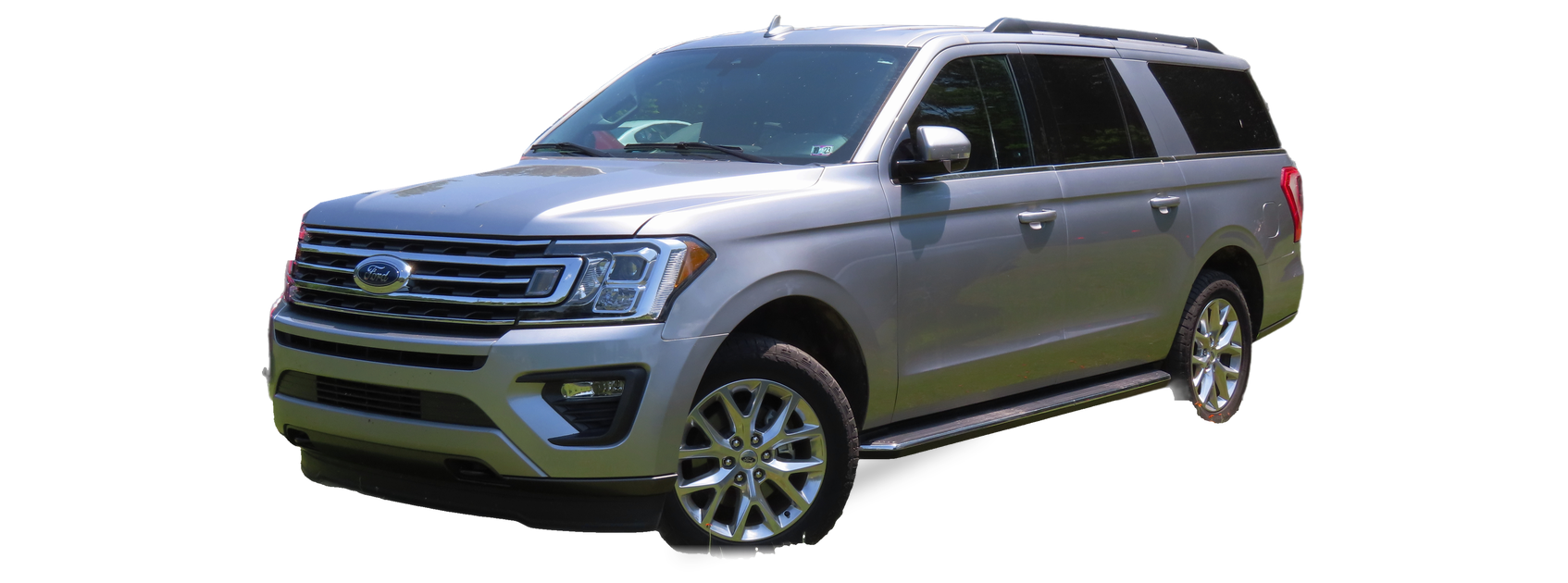Grey Ford Expedition (fourth generation) SUV, front three-quarter view, with the VIN locations marked