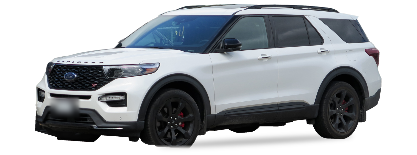 Ford Explorer blanco (sexta generación), SUV, vista frontal de tres cuartos, con las ubicaciones del VIN marcadas