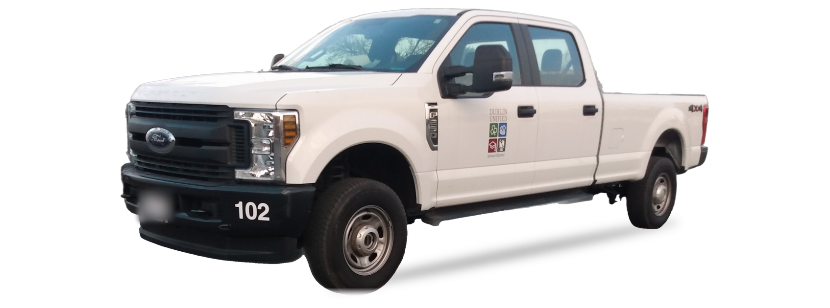 Ford F-250 blanco (Super Duty 2017-2022), pickup doble cabina, vista frontal de tres cuartos, con las ubicaciones del VIN marcadas