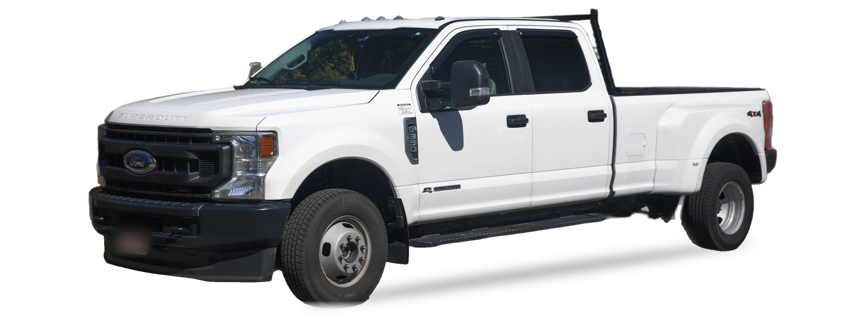 White Ford F-350 (2017-2022 Super Duty) crew cab pickup, front three-quarter view, with the VIN locations marked