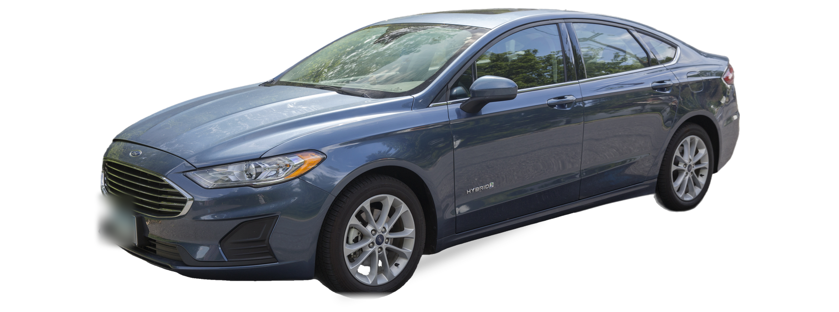 Blue Ford Fusion (second generation) sedan, front three-quarter view, with the VIN locations marked