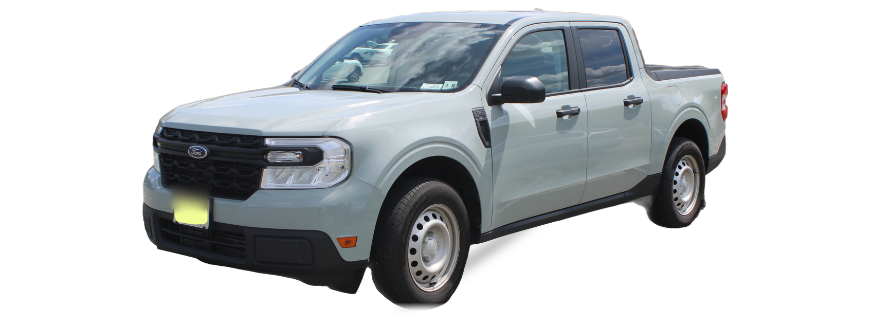 Grey Ford Maverick (first generation) crew cab pickup, front three-quarter view, with the VIN locations marked