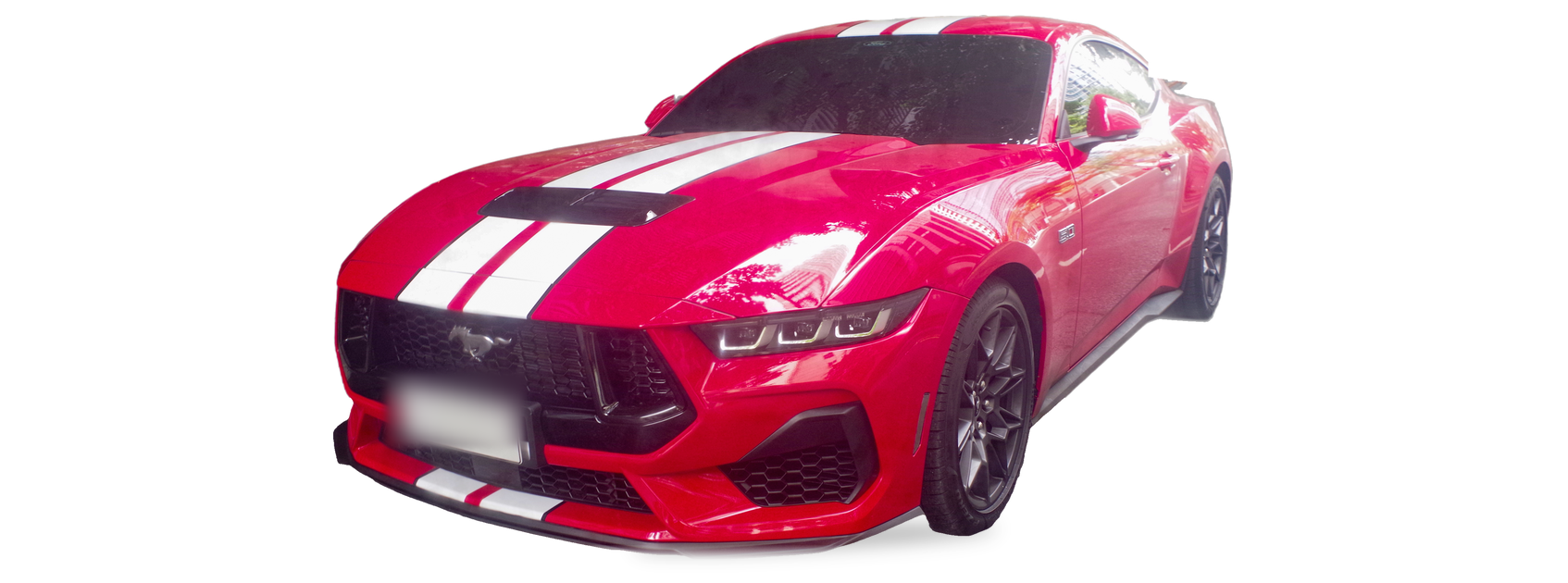 Ford Mustang rojo (séptima generación), cupé, vista frontal de tres cuartos, con las ubicaciones del VIN marcadas