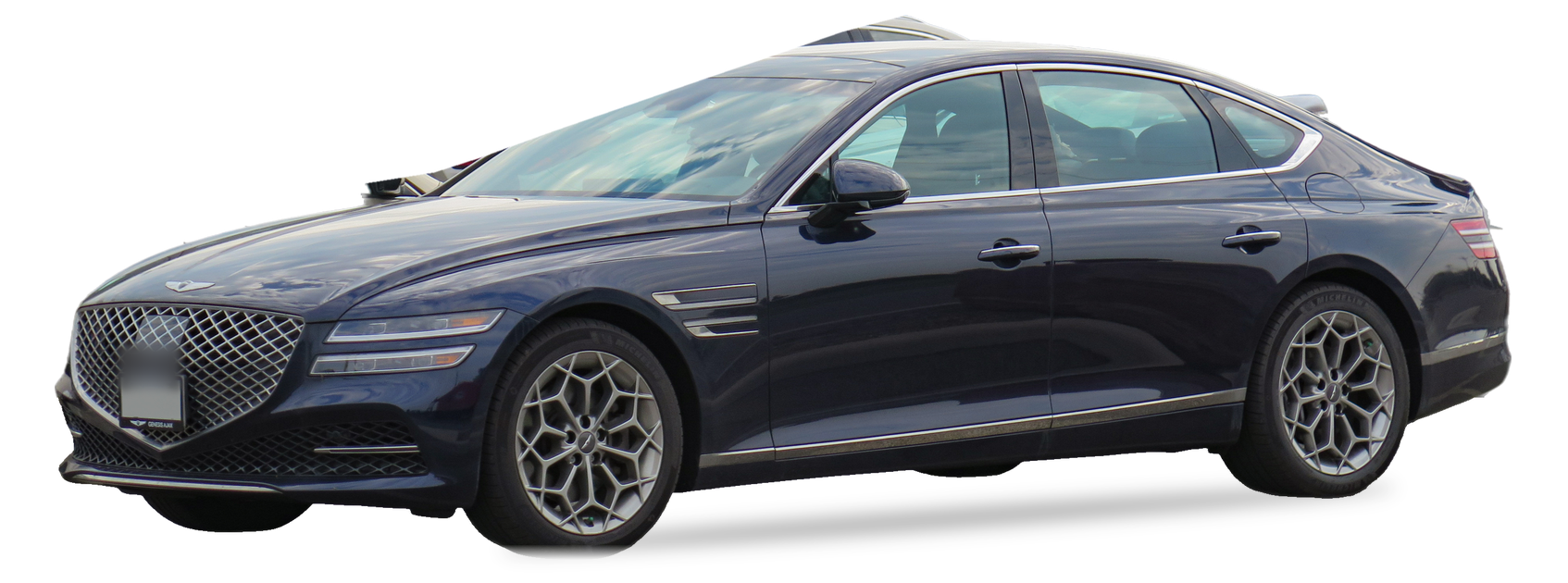 Blue Genesis G80 (second generation) sedan, front three-quarter view, with the VIN locations marked