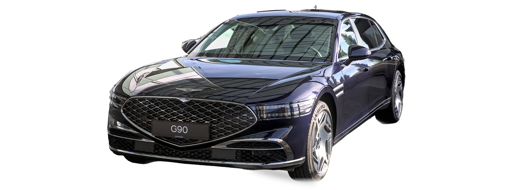 Genesis G90 azul oscuro (segunda generación), sedán, vista frontal de tres cuartos, con las ubicaciones del VIN marcadas