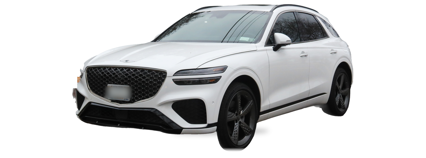 White Genesis GV70 (first generation) SUV, front three-quarter view, with the VIN locations marked