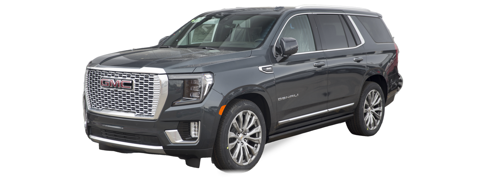 GMC Yukon verde oscuro (quinta generación), SUV, vista frontal de tres cuartos, con las ubicaciones del VIN marcadas