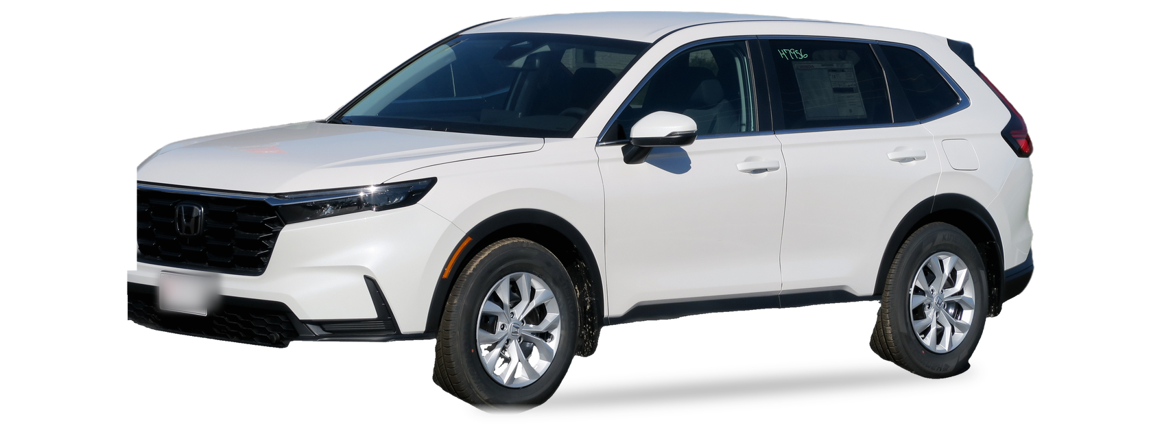 White Honda CR-V (sixth generation) SUV, front three-quarter view, with the VIN locations marked
