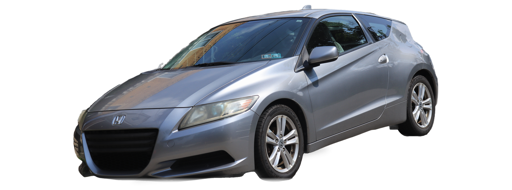 Silver Honda CR-Z (2011-2016 generation) hatchback coupe, front three-quarter view, with the VIN locations marked
