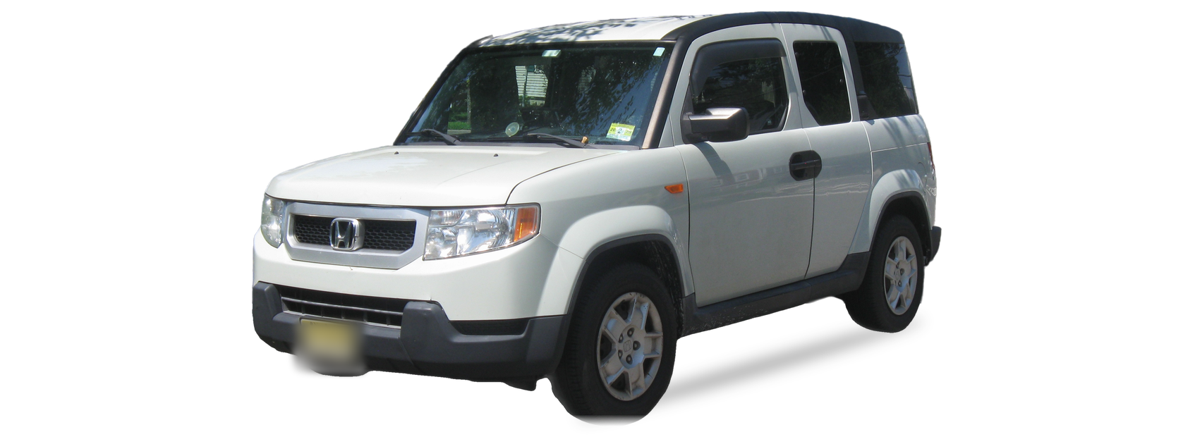 Silver Honda Element (2003-2011 generation) SUV, front three-quarter view, with the VIN locations marked