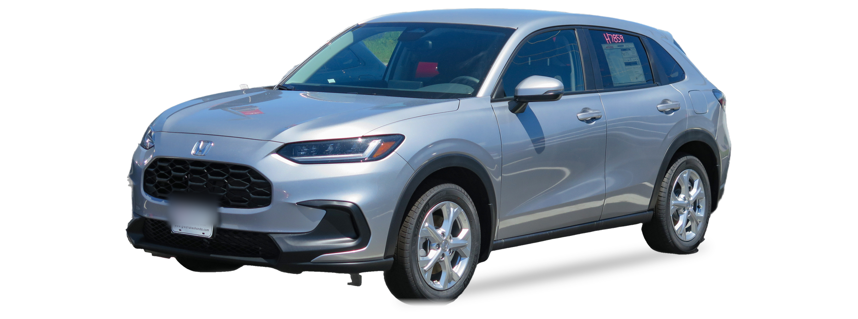 Silver Honda HR-V (second generation) crossover, front three-quarter view, with the VIN locations marked