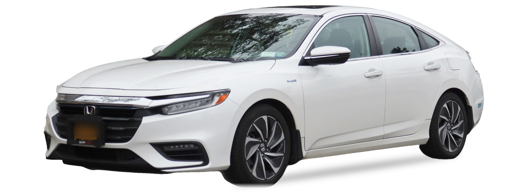 White Honda Insight (third generation) sedan, front three-quarter view, with the VIN locations marked