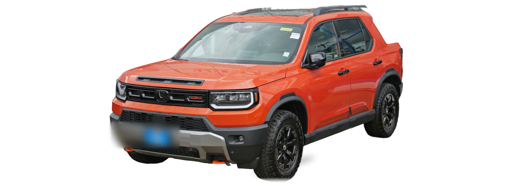 Honda Passport naranja (cuarta generación), SUV, vista frontal de tres cuartos, con las ubicaciones del VIN marcadas
