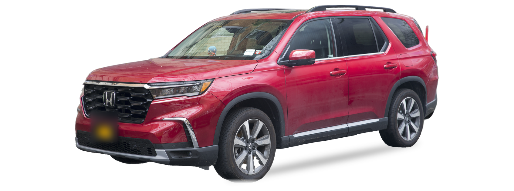 Red Honda Pilot (fourth generation) SUV, front three-quarter view, with the VIN locations marked