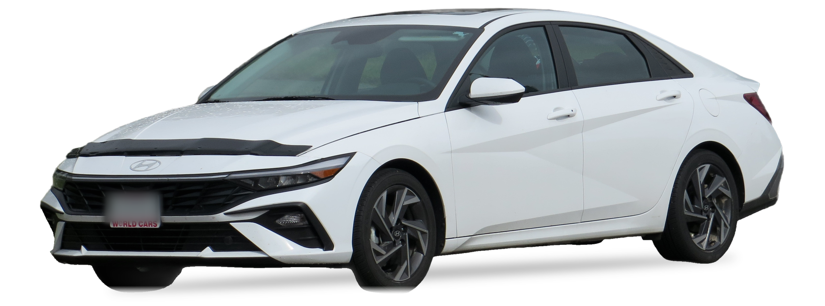 White Hyundai Elantra (seventh generation) sedan, front three-quarter view, with the VIN locations marked