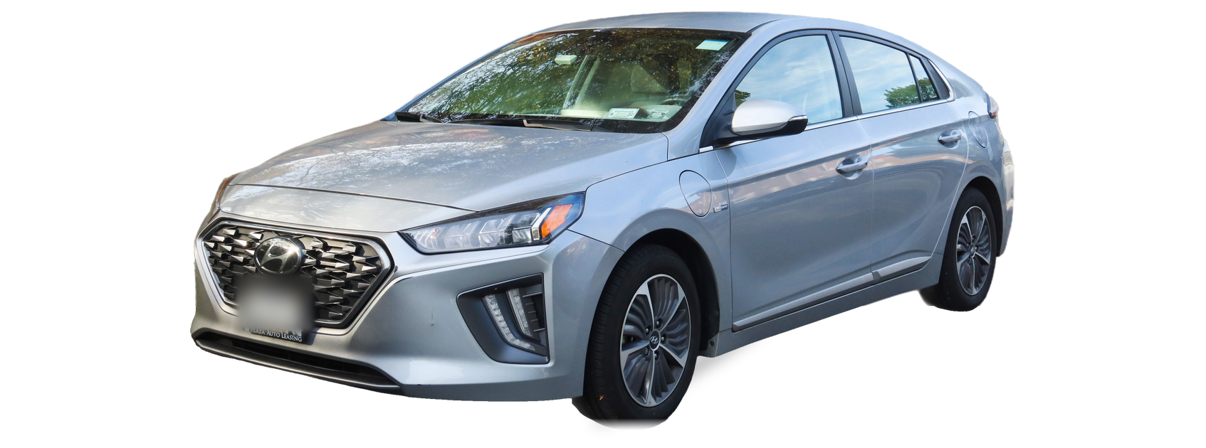 Silver Hyundai Ioniq (2017-2022 generation) hatchback, front three-quarter view, with the VIN locations marked