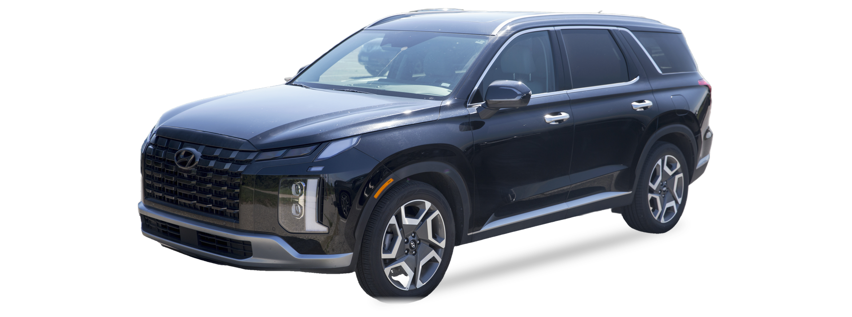 Black Hyundai Palisade (first generation) SUV, front three-quarter view, with the VIN locations marked