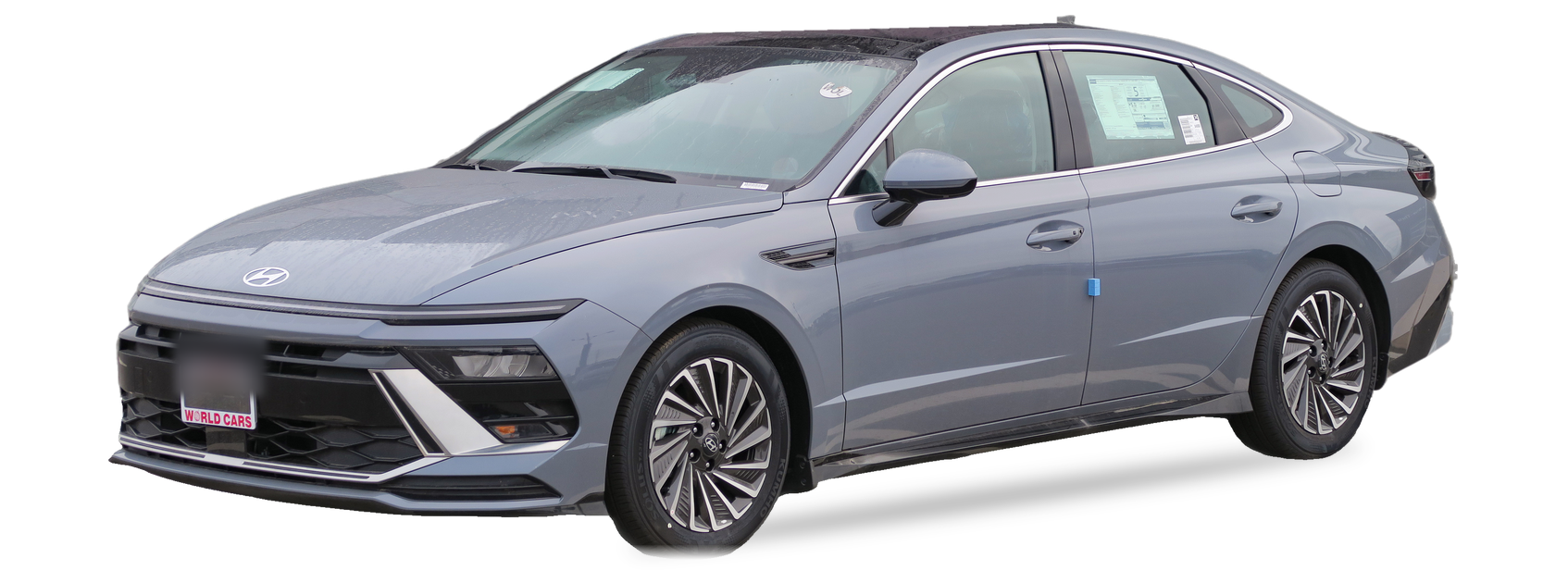 Hyundai Sonata azul (octava generación), sedán, vista frontal de tres cuartos, con las ubicaciones del VIN marcadas