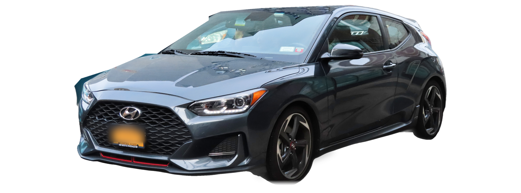 Hyundai Veloster gris oscuro (segunda generación), hatchback, vista frontal de tres cuartos, con las ubicaciones del VIN marcadas