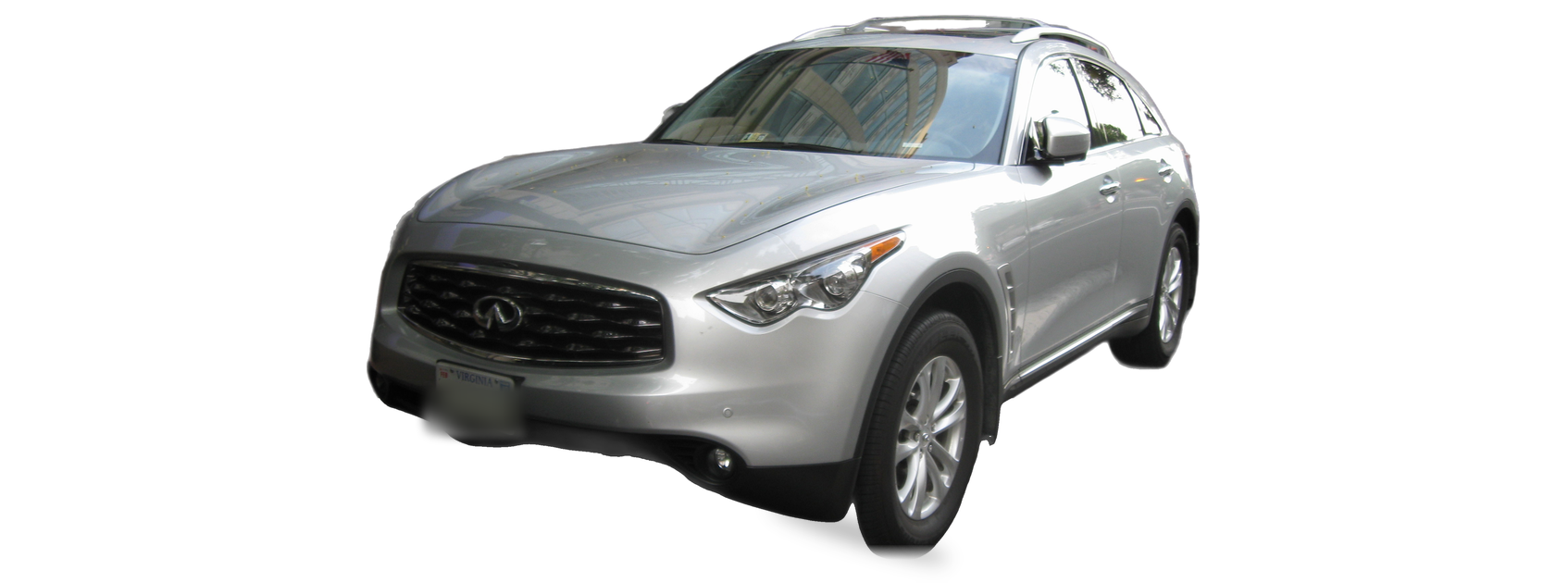 Silver INFINITI FX35 (second generation) crossover, front three-quarter view, with the VIN locations marked
