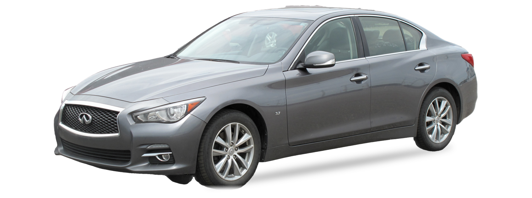 Grey INFINITI Q50 (first generation) sedan, front three-quarter view, with the VIN locations marked