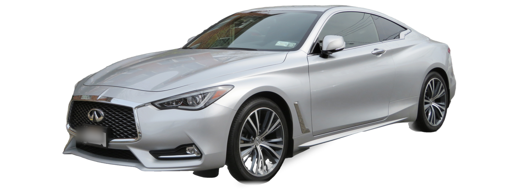 Silver INFINITI Q60 (second generation) coupe, front three-quarter view, with the VIN locations marked
