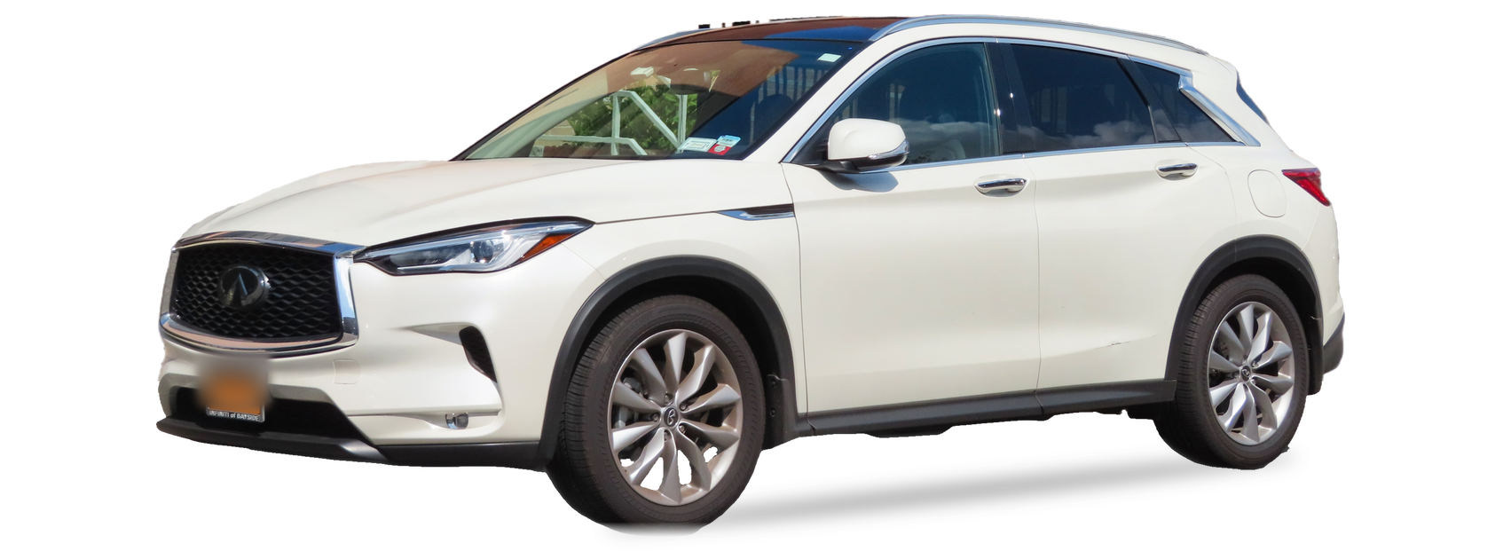 White INFINITI QX50 (second generation) crossover, front three-quarter view, with the VIN locations marked