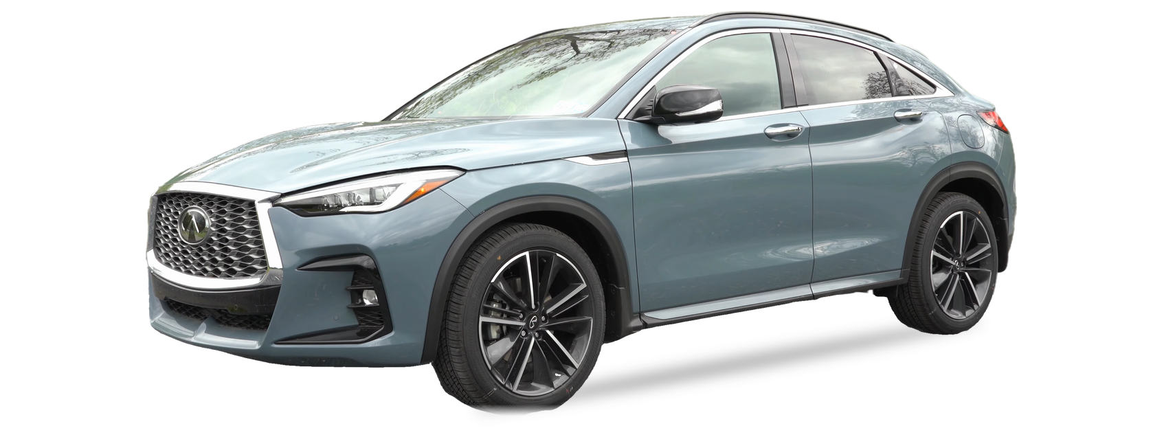 Grey-blue INFINITI QX55 (2022-2025 generation) crossover, front three-quarter view, with the VIN locations marked