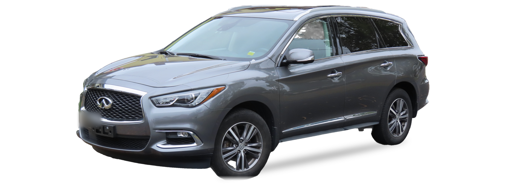 Grey INFINITI QX60 (first generation) SUV, front three-quarter view, with the VIN locations marked