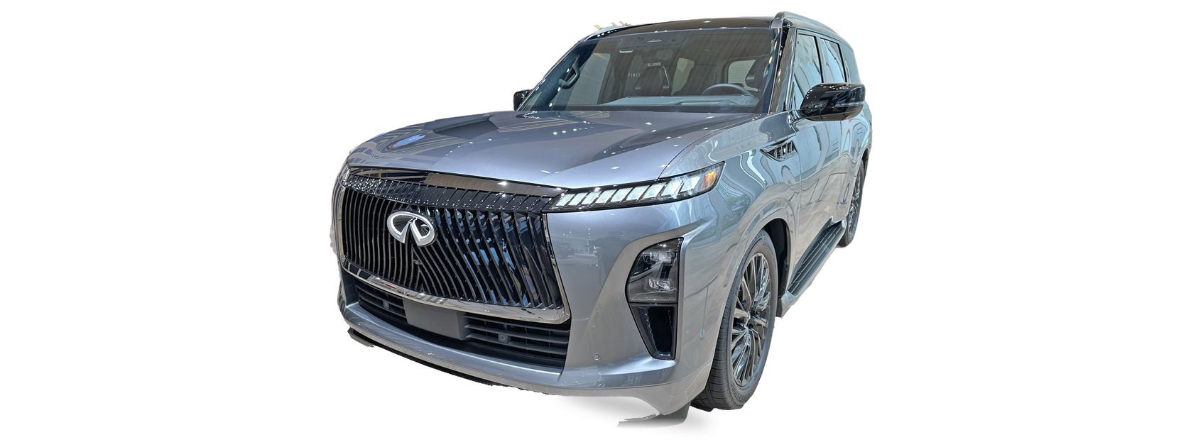 INFINITI QX80 gris (tercera generación), SUV, vista frontal de tres cuartos, con las ubicaciones del VIN marcadas