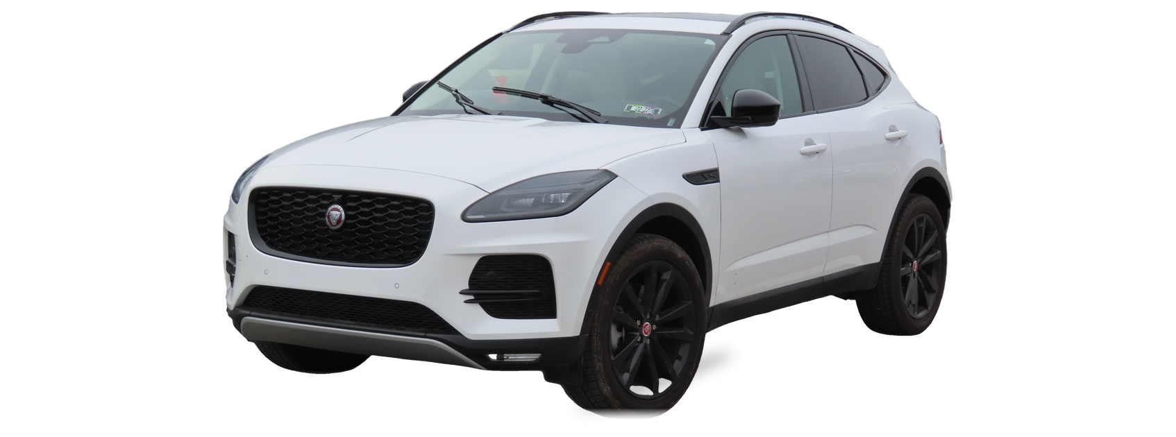 Jaguar E-Pace blanco (primera generación), SUV, vista frontal de tres cuartos, con las ubicaciones del VIN marcadas