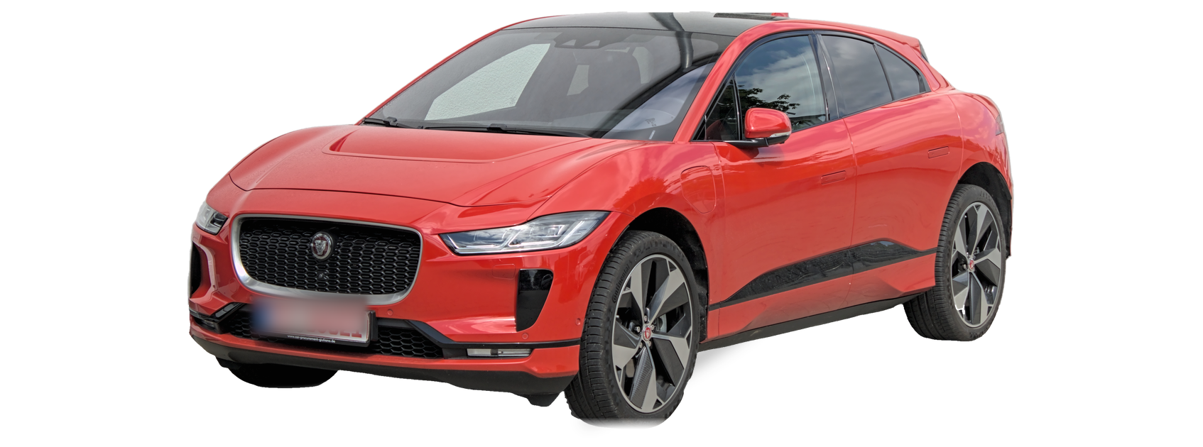 Jaguar I-Pace rojo (primera generación), SUV, vista frontal de tres cuartos, con las ubicaciones del VIN marcadas